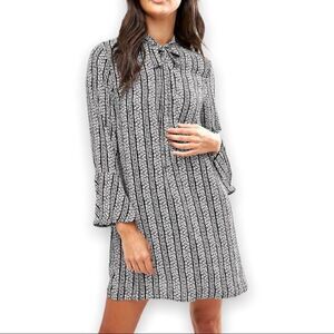 ASOS Goldie Janey Striped Leaf Printed Shift Dress With Bell Sleeves & Neck Tie